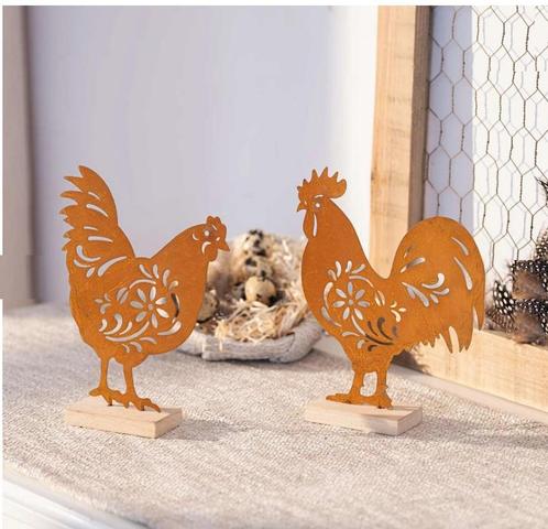 Decoratieve Roestbruine Kippen op Houten Voet – Set van 2, Tuin en Terras, Tuinwanddecoratie, Verzenden