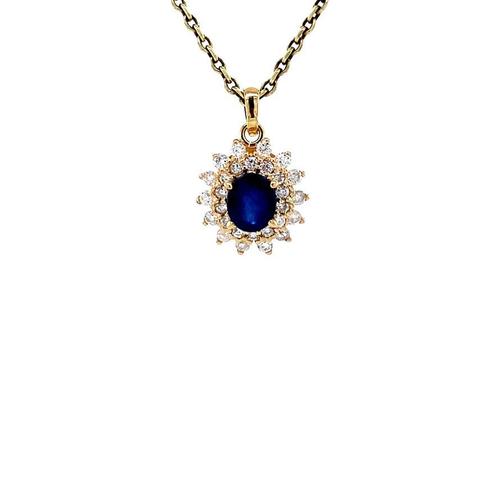 Gouden entourage hanger met diamant en saffier 14 karaat*, Sieraden, Tassen en Uiterlijk, Kettinghangers, Zo goed als nieuw, Goud