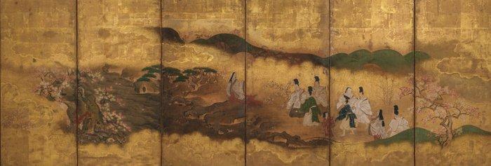 Byôbu  (vouwscherm) - Goudblad, Hout, Zijde, Papier -, Antiek en Kunst, Antiek | Overige Antiek