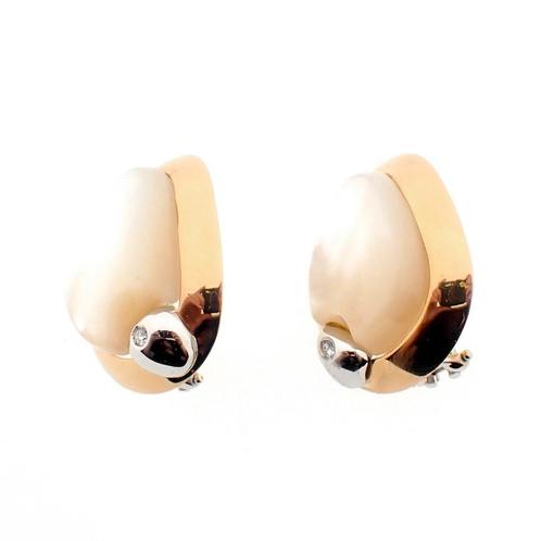 18 Krt. Bicolor oorbellen met parelmoer en diamant 0,04 c..., Sieraden, Tassen en Uiterlijk, Oorbellen, Overige kleuren, Gebruikt