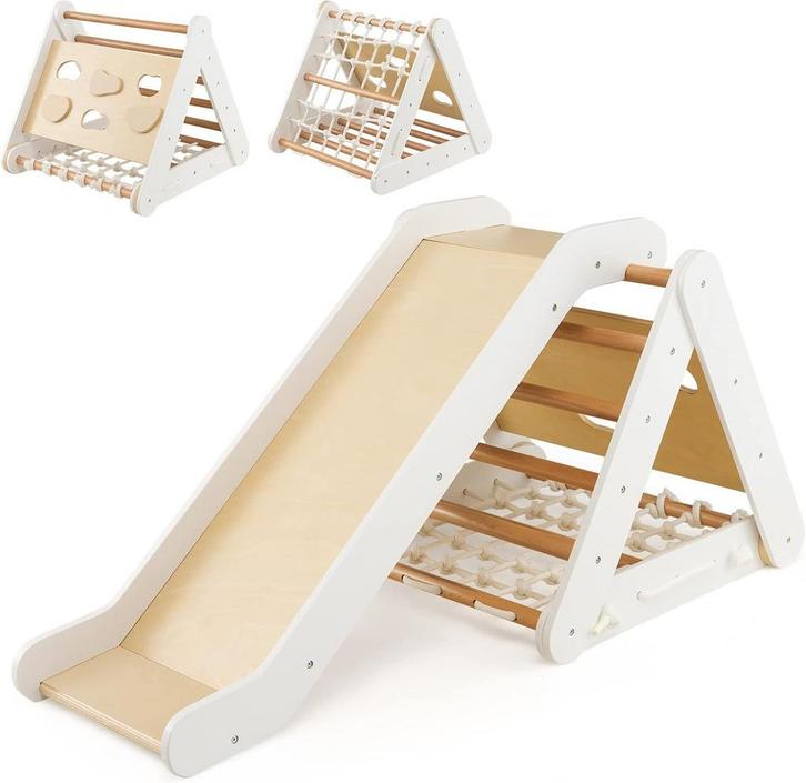 COSTWAY 4-in-1 klimdriehoek met glijbaan, houten klimrek, dr, Huis en Inrichting, Woonaccessoires | Overige, Zo goed als nieuw