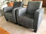 leren fauteuils met houten poten - grijs leer - Echt leer,, Nieuw, Ophalen of Verzenden, Landelijk, 50 tot 75 cm