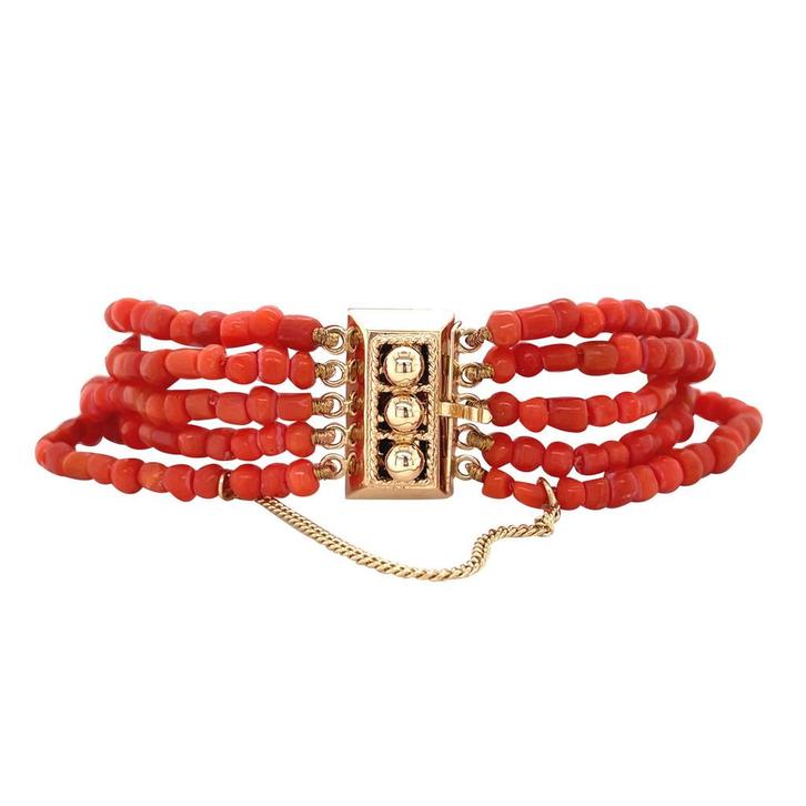 Vintage bloedkoraal armband met siersluiting 14 krt, Sieraden, Tassen en Uiterlijk, Armbanden, Nieuw, Ophalen of Verzenden