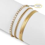 Gouden 3-delige armbanden set gourmet platte  en witte cz sc, Verzenden, Nieuw, Zilver