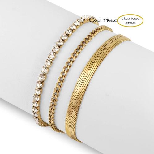 Gouden 3-delige armbanden set gourmet platte  en witte cz sc, Sieraden, Tassen en Uiterlijk, Kettinghangers, Nieuw, Verzenden