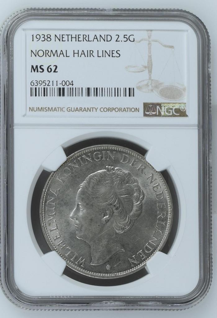 Koningin Wilhelmina 2 1/2 gulden 1938 MS62 NGC, Postzegels en Munten, Munten | Nederland, Losse munt, Koningin Wilhelmina, Zilver