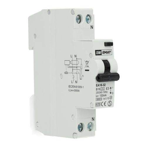 EMAT aardlekautomaat 1-polig+nul 16A B-kar 100mA (85006012), Doe-het-zelf en Verbouw, Elektra en Kabels, Verzenden