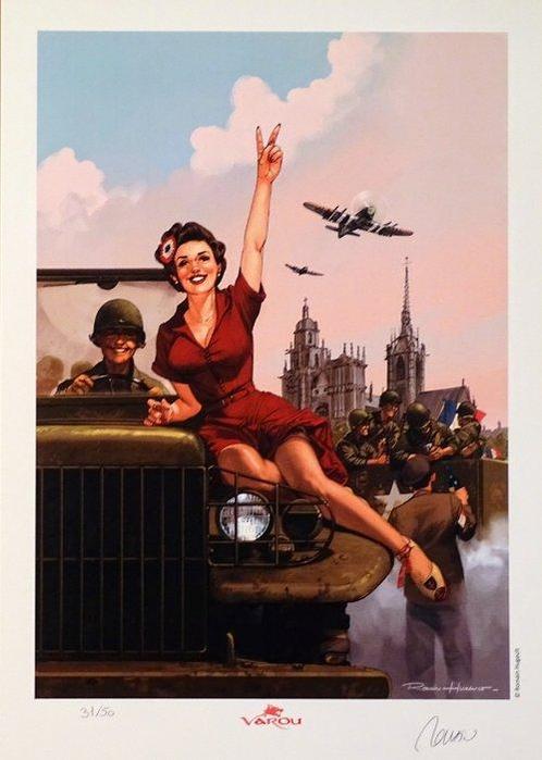 Hugault, Romain - 1 Offset Print - Pin-up sur une Jeep, Boeken, Strips | Comics