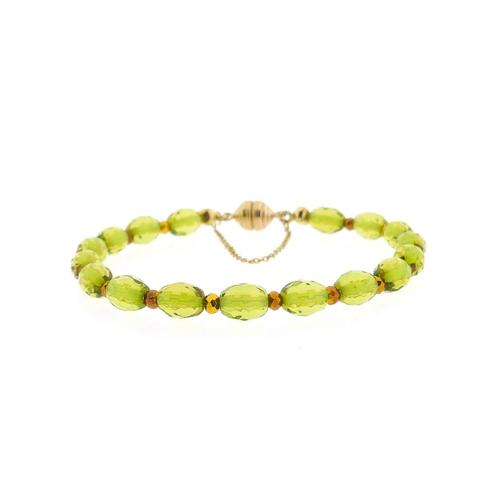 9 Krt. Peridoot kralen armband | 18,5 cm (magneet slot), Sieraden, Tassen en Uiterlijk, Antieke sieraden, Met edelsteen, Goud