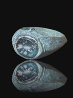 Oud-Romeins Brons, Stunning Turtle Green Intaglio Seal Ring, Antiek en Kunst