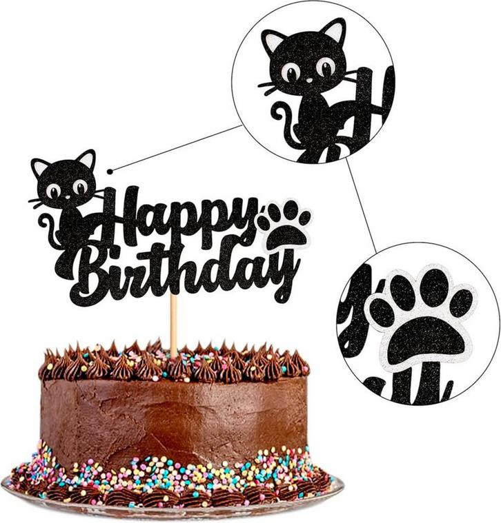 Taart topper Happy Birthday Cat zwart, Dieren en Toebehoren, Katten-accessoires, Nieuw, Verzenden