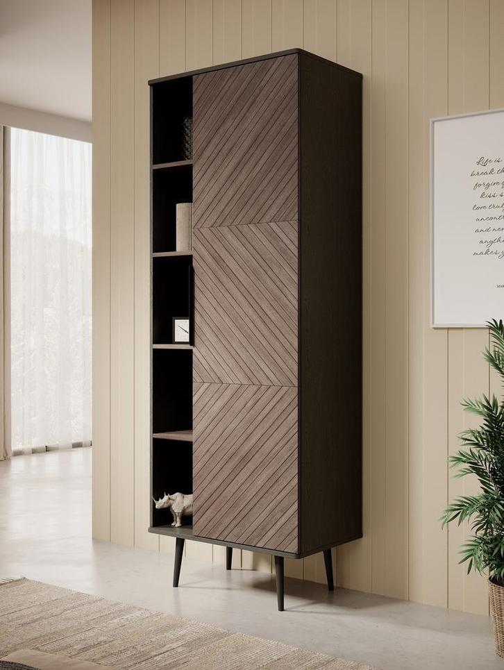 Boekenkast Pedro | Eiken zwart | 70x41x190cm | Industrieel, Huis en Inrichting, Kasten | Boekenkasten, 25 tot 50 cm, Met deur(en)