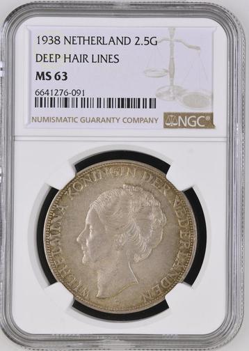 Koningin Wilhelmina 2½ Gulden 1938 Grof Haar MS63 NGC beschikbaar voor biedingen