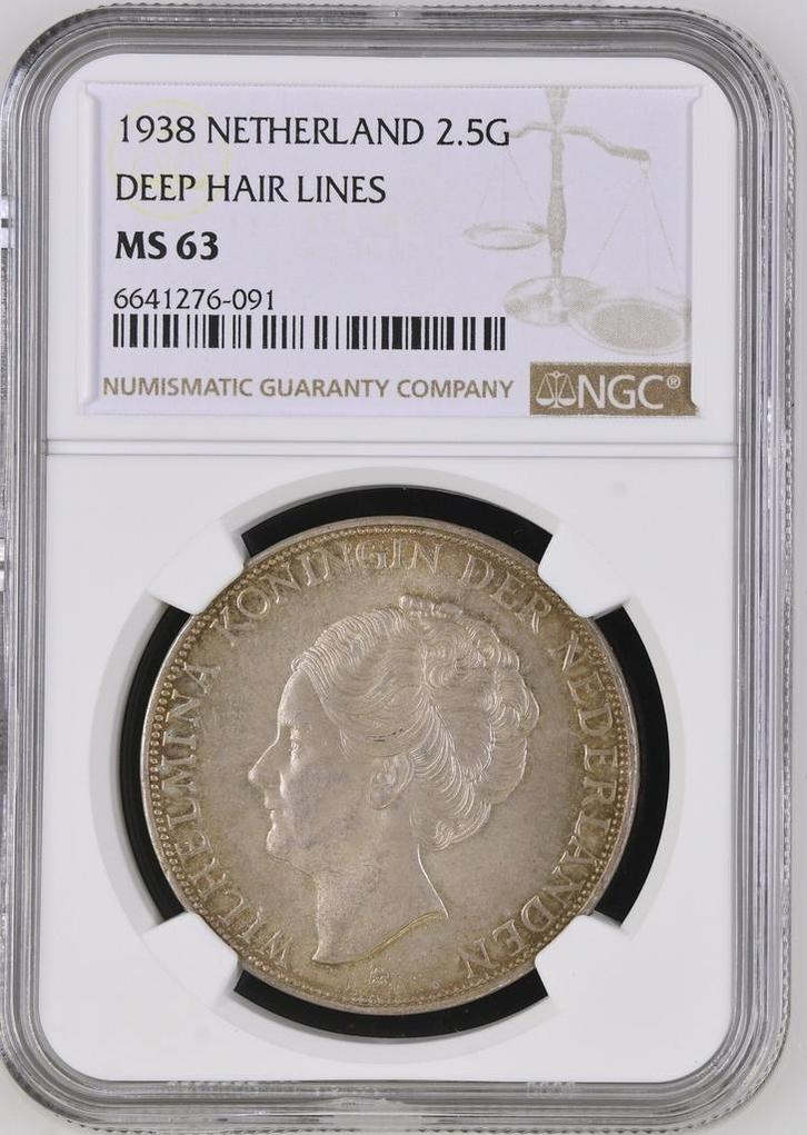 Koningin Wilhelmina 2½ Gulden 1938 Grof Haar MS63 NGC, Postzegels en Munten, Munten | Nederland, Losse munt, ½ gulden, Koningin Wilhelmina