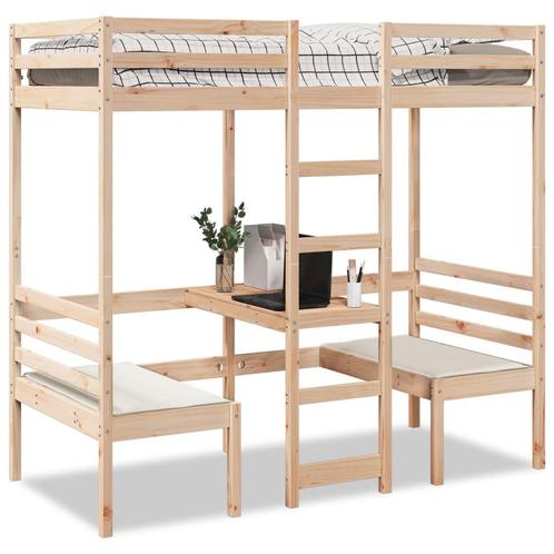 vidaXL Hoogslaper met bureau en stoelen massief grenenhout, Huis en Inrichting, Slaapkamer | Bedden, 90 cm, 200 cm, Bruin, Eenpersoons