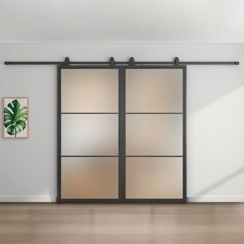 Dubbele stalen schuifdeur - 3 Vlaks - Mat glas, Doe-het-zelf en Verbouw, Kozijnen en Schuifpuien, Inclusief glas, Nieuw, Metaal