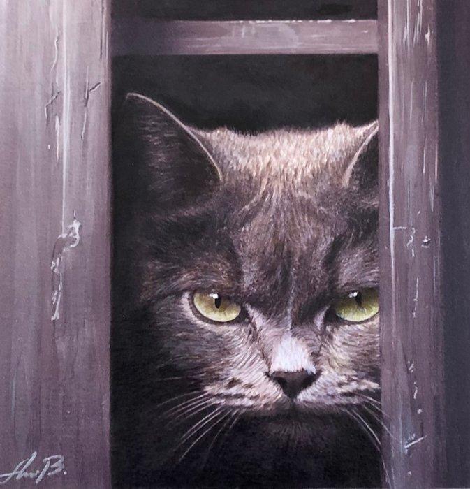 AniB. - Cat painting :  Pinkertons Closet Case, Antiek en Kunst, Kunst | Schilderijen | Modern