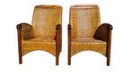 Fauteuil - Teak, rotan - Pair of rattan and teak armchairs