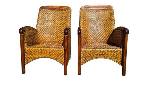 Fauteuil - Teak, rotan - Pair of rattan and teak armchairs, Antiek en Kunst, Curiosa en Brocante