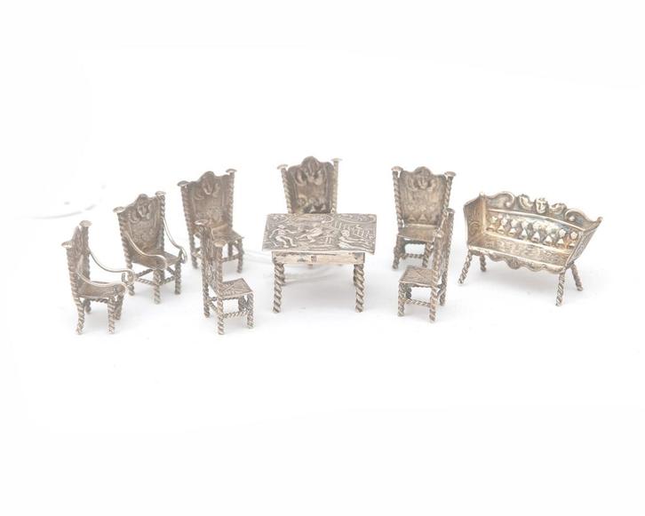 Een 2e gehalte zilveren miniatuur ameublement, Nederland, Antiek en Kunst, Antiek | Goud en Zilver