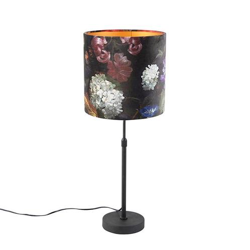 Tafellamp zwart met velours kap bloemen met goud 25 cm -, Huis en Inrichting, Lampen | Tafellampen, Nieuw, Overige materialen