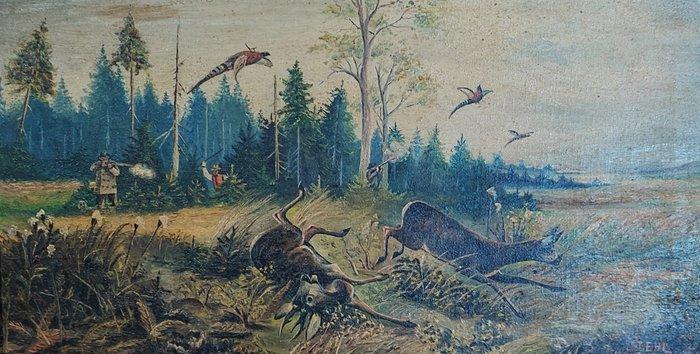 Jean Ihel (XIX) - Scena di Caccia al Cervo, Antiek en Kunst, Kunst | Schilderijen | Klassiek