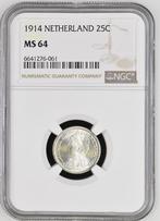 Koningin Wilhelmina 25 cent 1914 MS64 NGC (Pop 1/1), Postzegels en Munten, Munten | Nederland, Verzenden, Zilver, 25 cent, Koningin Wilhelmina