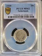 Koningin Wilhelmina 25 cent 1939 MS62 PCGS gecertificeerd, Zilver, Losse munt, Verzenden