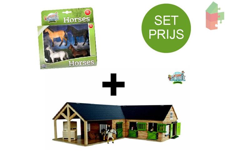 Kids Globe Set Houten Paarden Hoekstal (1:24) + 4 Paarden, Kinderen en Baby's, Speelgoed | Overig, Nieuw, Ophalen of Verzenden