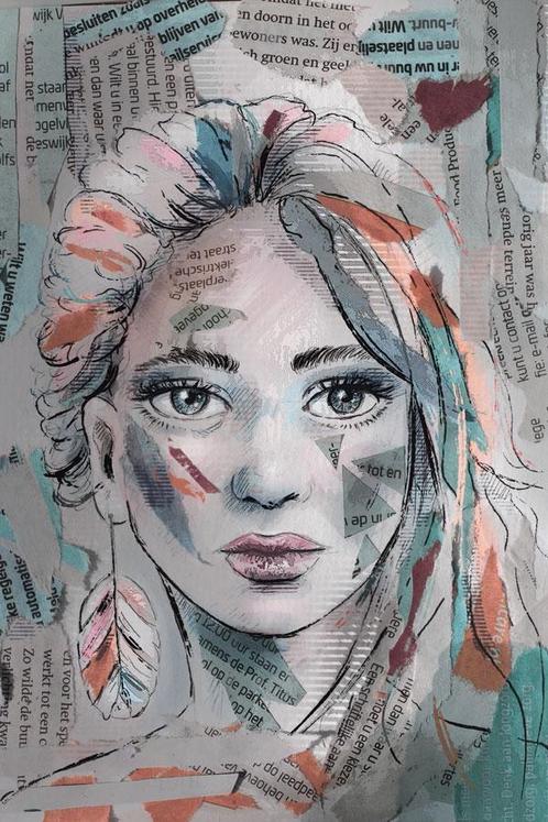 Mixed media - portret vrouw in grijs oranje en blauw tint, Huis en Inrichting, Woonaccessoires | Schilderijen, Tekeningen en Foto's