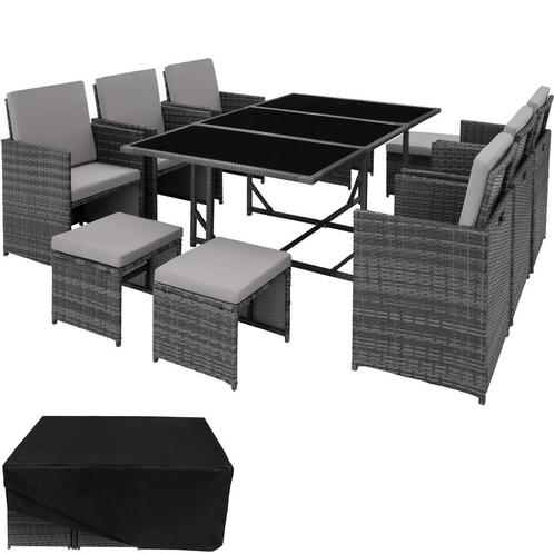 Wicker zitgroep Malaga 6+4+1 met beschermhoes - grijs, Tuin en Terras, Tuinsets en Loungesets, Verzenden