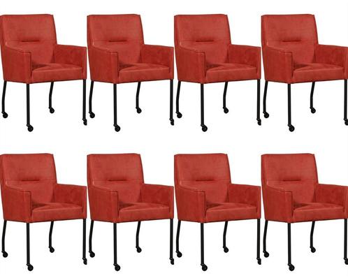 Set van 8 Rode leren moderne eetkamerstoelen - Kenia Leer Bu, Huis en Inrichting, Stoelen, Vijf, Zes of meer stoelen, Overige kleuren