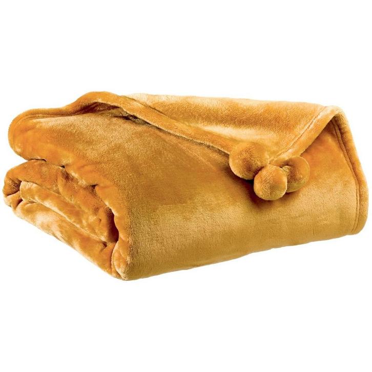 Plaid Tender pompons Oker 130 x 170, Huis en Inrichting, Woonaccessoires | Plaids en Woondekens, Nieuw, Verzenden