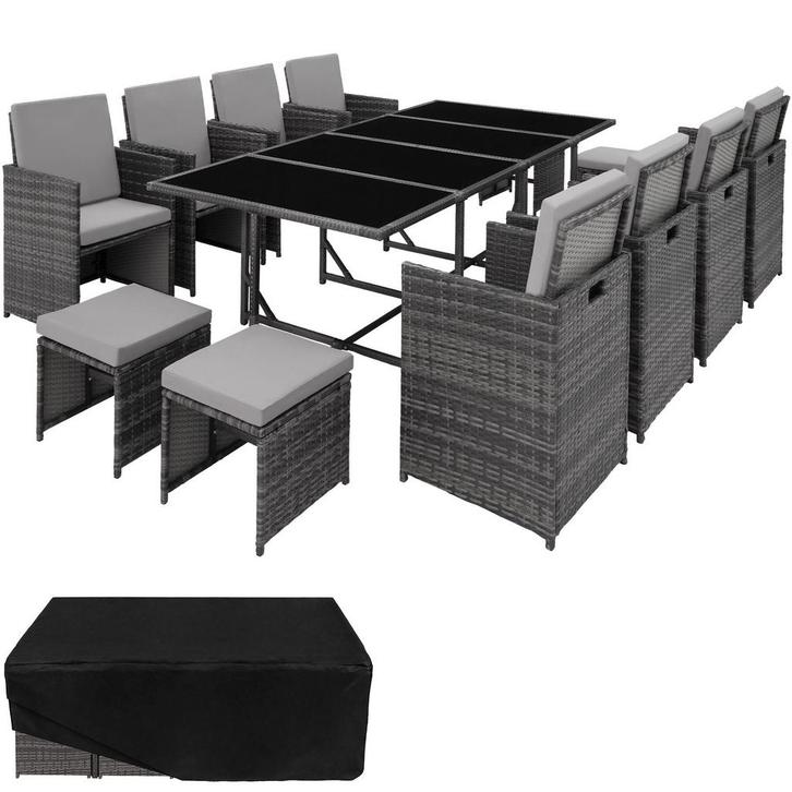 Wicker zitgroep Palma 8+4+1 met beschermhoes - grijs/lichtgr, Tuin en Terras, Tuinsets en Loungesets, Verzenden