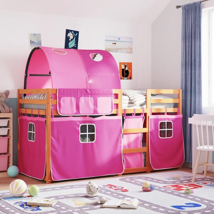 vidaXL Stapelbed met gordijnen 75x190 cm grenenhout roze, Huis en Inrichting, Slaapkamer | Bedden, Nieuw, Hout, Verzenden