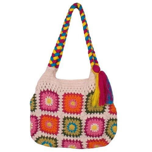 Schoudertas Wit Bohemian - Granny Squares Roze/Rood/Oranje/G, Sieraden, Tassen en Uiterlijk, Tassen | Schoudertassen, Wit, Nieuw