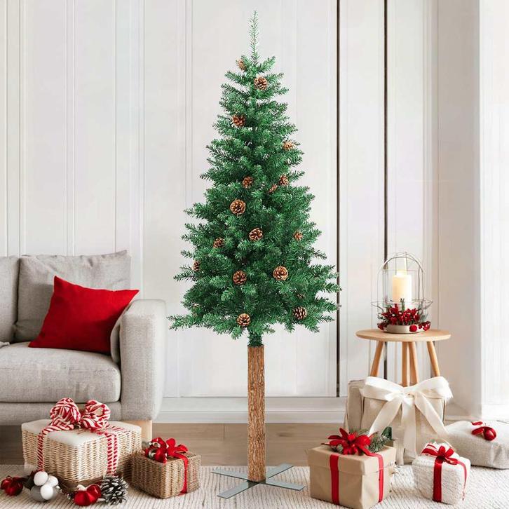 Kerstboom Met Echt Hout En Dennenappels Smal 150 Cm Pvc Groe, Huis en Inrichting, Woonaccessoires | Kapstokken, Nieuw, Verzenden