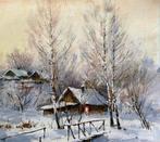 Mikhail Kraiev (1957) - Village sous la Neige - Au bord de, Antiek en Kunst, Kunst | Schilderijen | Klassiek
