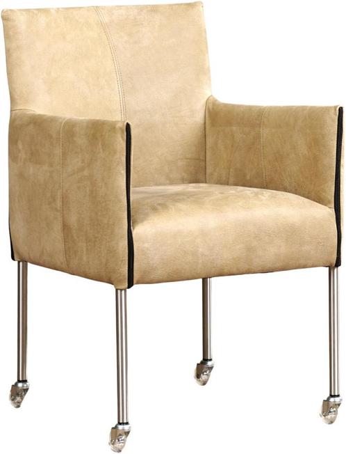 Taupe leren moderne kuipstoel - poot rond rvs met wiel - Ken, Huis en Inrichting, Stoelen, Eén, Overige kleuren, Nieuw, Leer, Ophalen of Verzenden