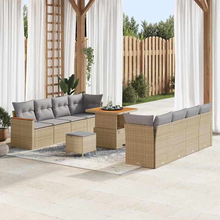 vidaXL Tuin Sofa Set met kussen 11 pcs Beige Poly riet, Tuin en Terras, Tuinsets en Loungesets, Nieuw, Rotan, Verzenden