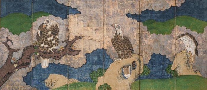 Byôbu  (vouwscherm) - Zilveren blad, gelakt hout, zijde,, Antiek en Kunst, Antiek | Overige Antiek