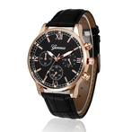 Luxe Heren Horloge - Kwarts Uurwerk Leren Bandje Rose Gold, Verzenden, Nieuw, Geneva