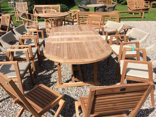 Zat 7 juni: Grote verkoop showmodellen teak tuinmeubelen, Tuin en Terras, Tuinsets en Loungesets, Tuinset, Zo goed als nieuw, Teakhout