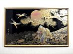 Signed Wajima Lacquer Gold Makie & Raden Panel with Cranes,