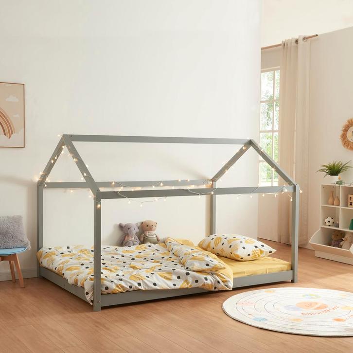 [en.casa] Kinderbed Cerro huisbed met bedbodem 140x200 cm gr, Kinderen en Baby's, Kinderkamer | Bedden, Verzenden