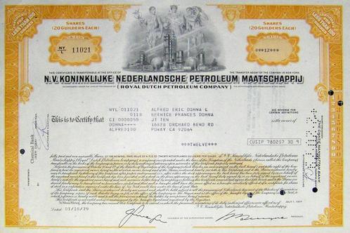 Koninklijke Olie-USA: aandelen-certificaten, Postzegels en Munten, Aandelen en Waardepapieren, Certificaat van aandeel, 1970 tot heden