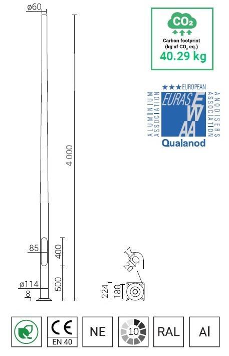 4 meter lantaarnpaal / lichtmast met voetplaat geanodise..., Diversen, Overige Diversen