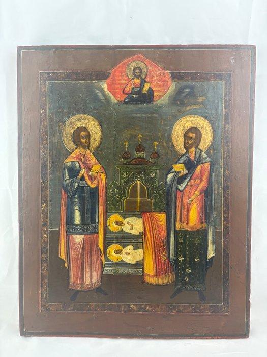 Icoon - Grote icoon van de medische heiligen Cosmas en, Antiek en Kunst, Kunst | Niet-Westerse kunst