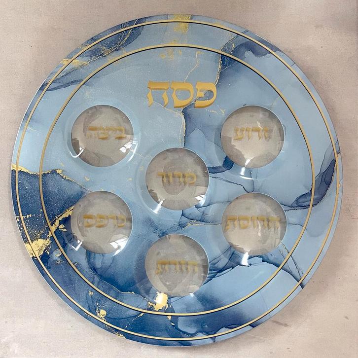 Seder schaal van gehard glas met mooi blauw/goud marmer...., Huis en Inrichting, Keuken | Servies
