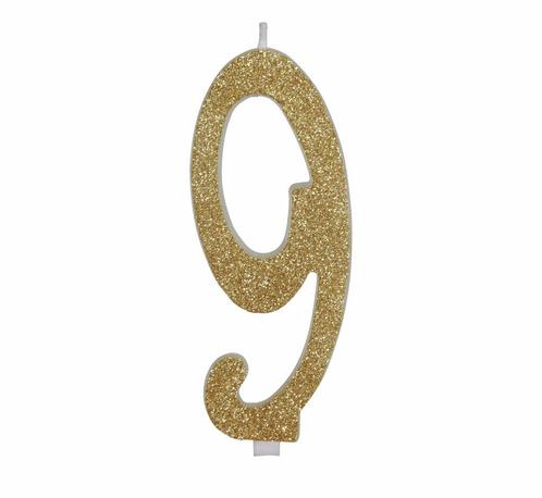 Gouden Kaars 9 Jaar Glitter 12,5cm, Hobby en Vrije tijd, Feestartikelen, Nieuw, Verzenden